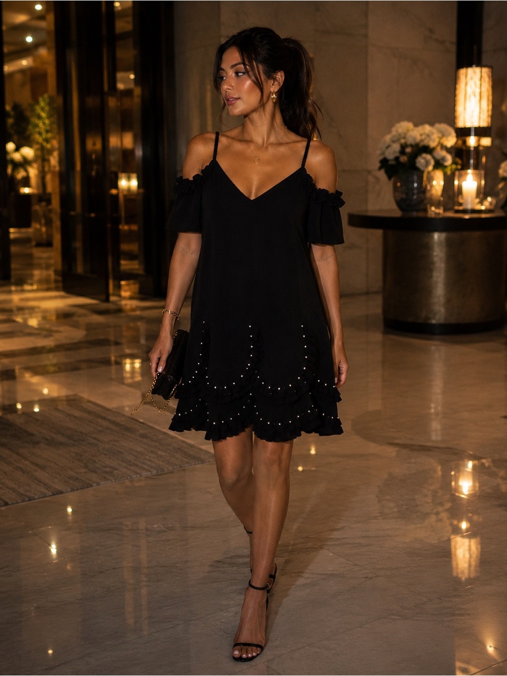 The Kooples Black Studded Cold Shoulder Ruffle Dress - Sz 3 (Large)